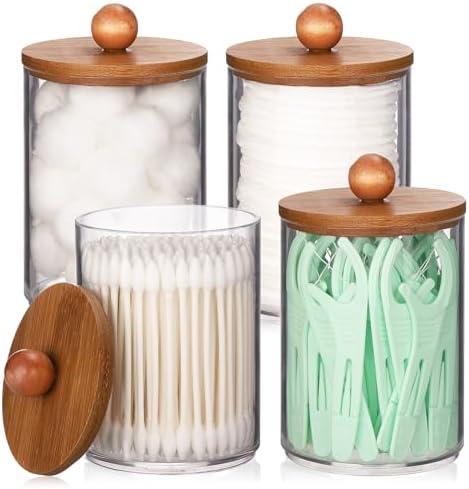 Tbestmax 4 Pack Qtip Holder Dispenser, Plastic Bathroom Organizer and Storage Containers, 10oz Apothecary Jars with Brown Bamboo Lid for Cotton Ball, Cotton Swab, Floss Tbestmax 4 Pack Qtip Holder Dispenser, Plastic Bathroom Organizer and Storage Containers, 10oz Apothecary Jars with Brown Bamboo Lid for Cotton Ball, Cotton Swab, Floss