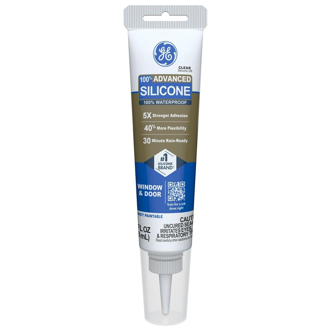 GE Advanced Silicone Caulk for Window & Door, Clear, 2.8 fl oz Tube, 1 Pack - 100% Waterproof Silicone Sealant, 5X Stronger Adhesion, Freeze & Sun Proof