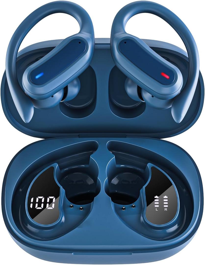 Wireless Earbuds Bluetooth Headphones, Bluetooth 5.3 Stereo Over Ear Buds,Noise Cancelling Mic, IP7 Waterproof Headset for Running/Workout - Navy Blue
