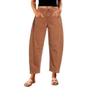 GRAPENT Barrel Jeans for Women Trendy High Waisted Wide Leg Baggy Cropped Relax Fit Stretch Denim Trouser Ankle Pants (Caramel), L