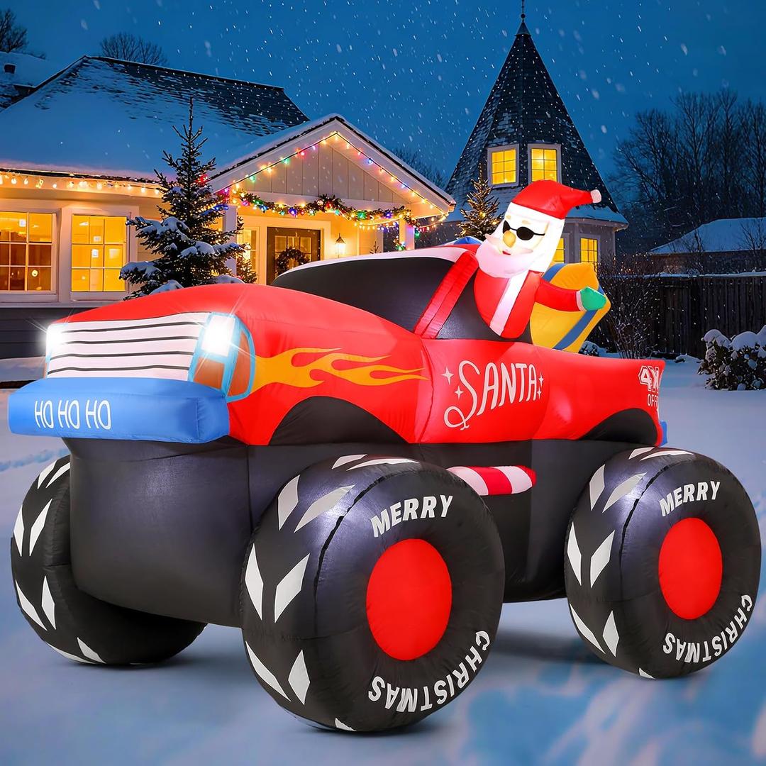 7 FT Long Santa in Monster Truck Christmas Inflatables Outdoor Decorations, Christmas Blow Up Santa Claus Yard Decorations for Garden Lawn Xmas Decor
