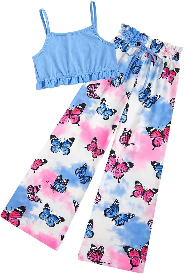 Girls 2 Piece Outfits Spring Summer Tropical Hawaiian Beach Vacation Wide Leg Pants Set Size 10-11 (Blue)