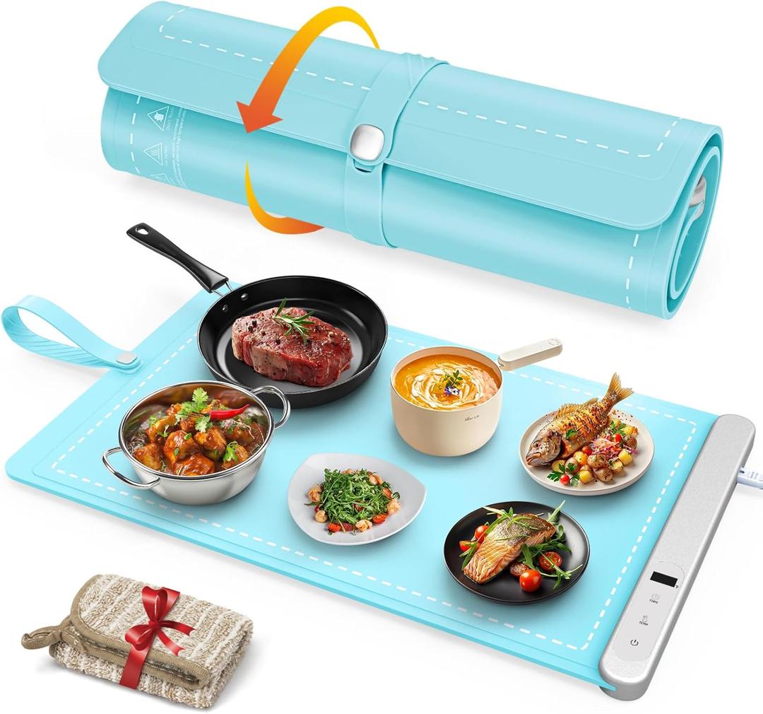 FYY Food Warming Mat - Electric Warming Tray with 6 Temperature Settings and 6 Hours Timer, Full Surface Graphene Heating Food Warmer, Premium Rollable Heating Tray for Gatherings, Parties, Light Blue (X Large Size: 24"x15", Mint Green)