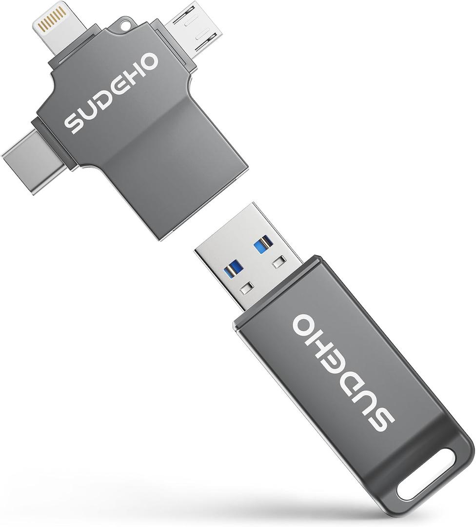 MFi Certified Photo Stick 256GB USB 3.0 Flash Drive for iPhone, 4 in 1 External Thumb Drive for Picture Video Backup, High Speed Memory Stick Pen Drive for iPhone/iPad/Android/PC (Gun Black)