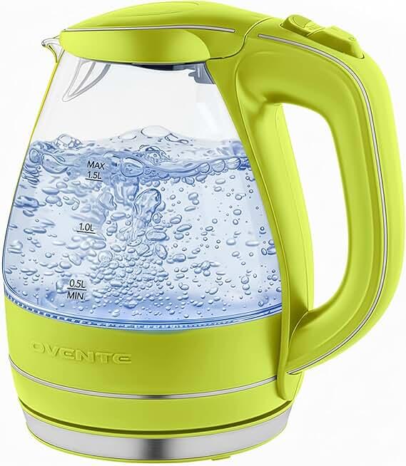 OVENTE Electric Kettle, 1.5L Borosilicate Glass Countertop Water Heater and Boiler for Coffee or Tea, BPA-Free, Auto Shut-Off, Boil-Dry Protection, Removable and Washable Spout Filter, Green KG83G 