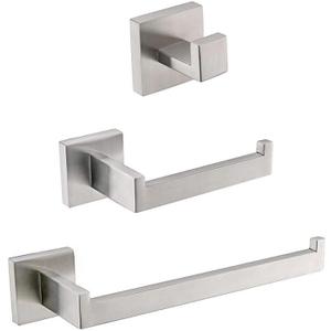 Turs 3-Piece Bathroom Accessory Set SUS 304 Stainless Steel RUSTPROOF Toilet Paper Holder Towel Bar/Holder Robe Hook Wall Mount, Brushed Finish, Q7010BR