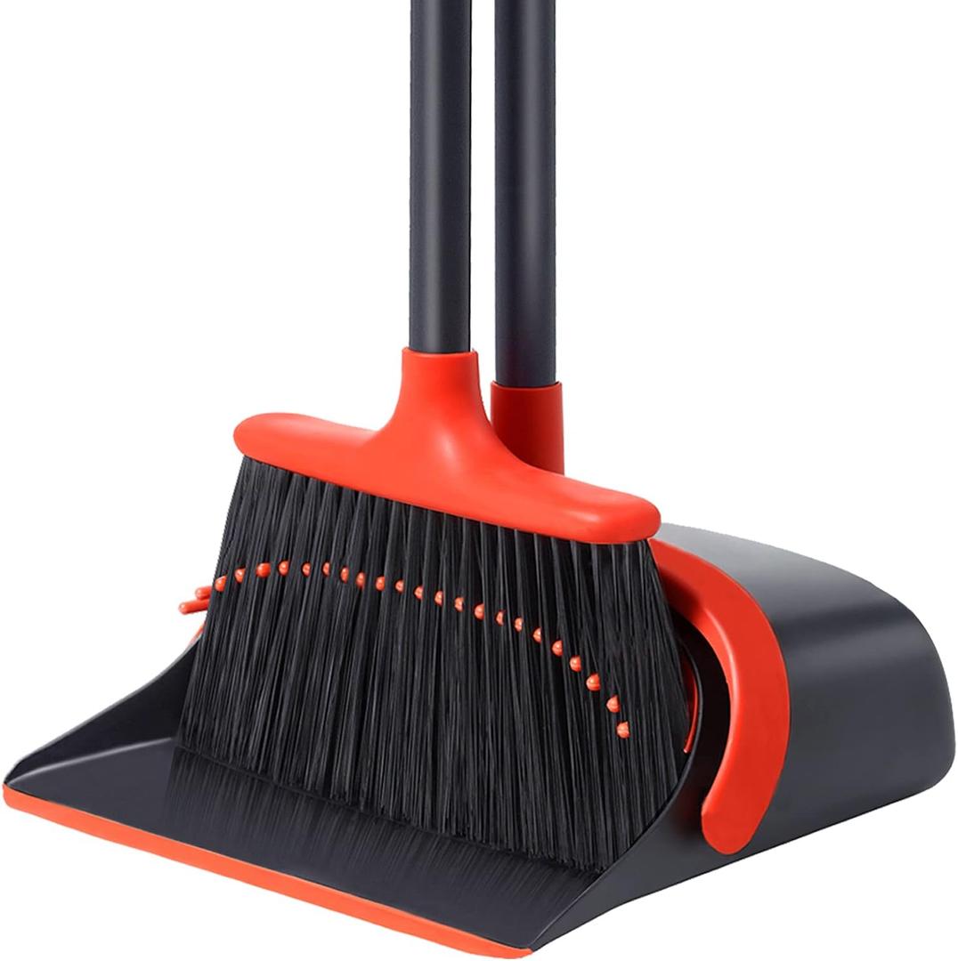 Broom with Dustpan Combo Set, Broom and Dustpan Set with Optional Extension Pole, Brooms and Dustpans with Built-in Teeth for Home Lobby Office, Foldable Storage Standing Dust Pan and Brush Set (Red)