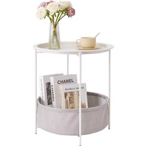 VECELO Round Side/End Table with Fabric Storage BasketMetal Anti-Rust and Waterproof Small Bedside Nightstand with Removable Tray Top for Living RoomBalcony & LaundryBeige/1pcs with Basket