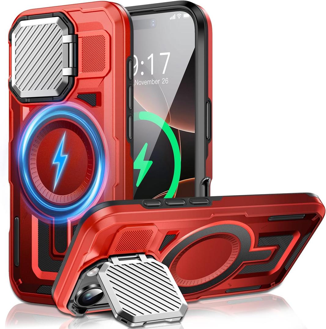 Camera Stand Case for iPhone 16 Pro, [Compatible with MagSafe] [Lens Cover] 2024 Version Military Grade Protective Soft Case for iPhone 16 Pro 6.3 inch Men Women, Red