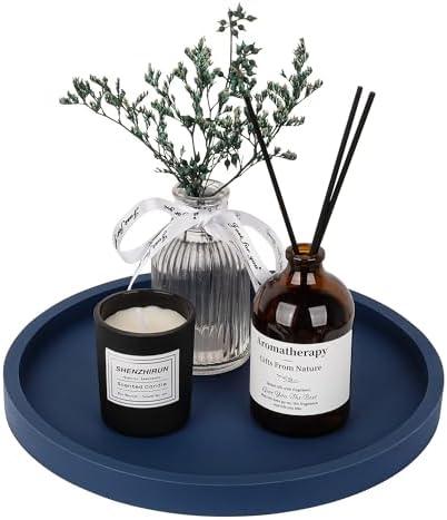 Silicone Bathroom Tray Round Vanity Tray Decorative Soap Holder Kitchen Countertop Organizer Coffee Table Decor for Candle, Perfume, Plant, 9 Inch, Dark Blue