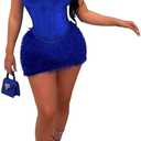 Kafiloe Women Sexy 2 Piece Outfits Clubwear One Shoulder Metallic Bodysuit Top Night Party Club Mini Skirt Set  (Medium), Royal Blue