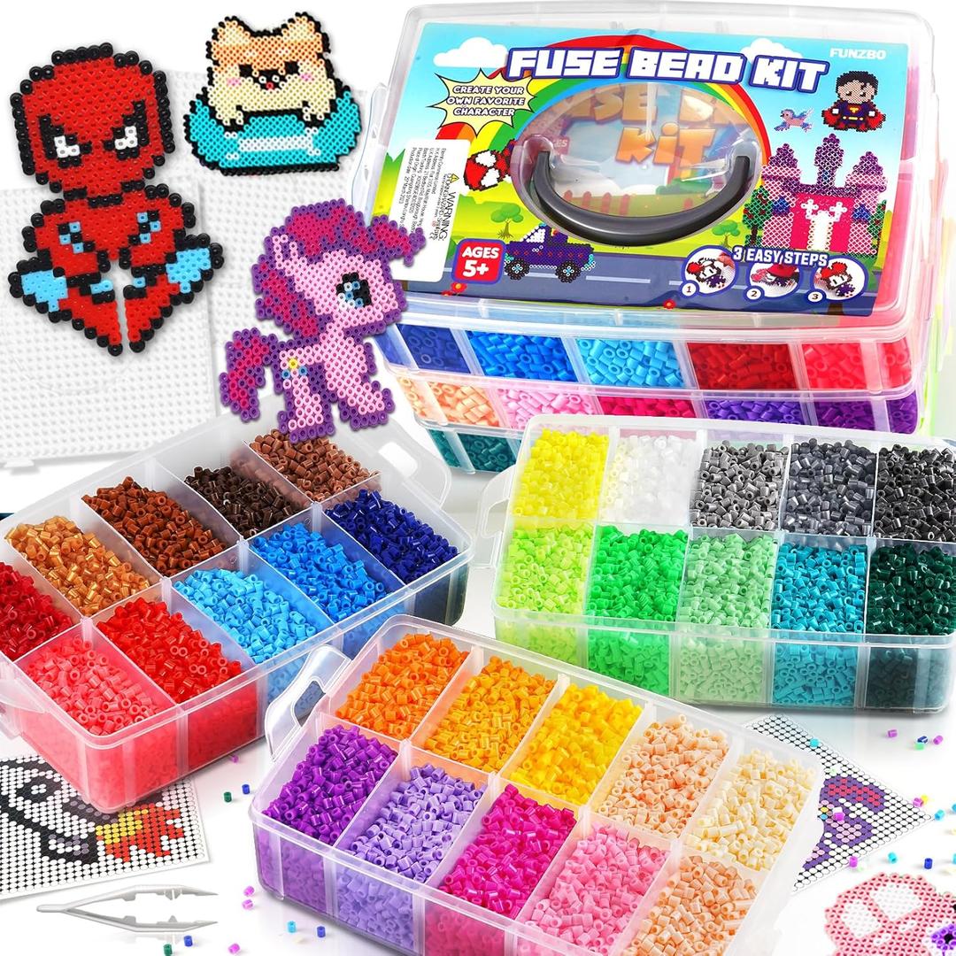 FUNZBO 32000 5mm Fuse Beads Kit - 32 Colors, Homeschool Arts and Crafts Supplies for Kids, Toys Set, Art Decorations for Room, Birthday Gifts for Girls and Boys Age 5+ (32000 pcs with Pegboards)