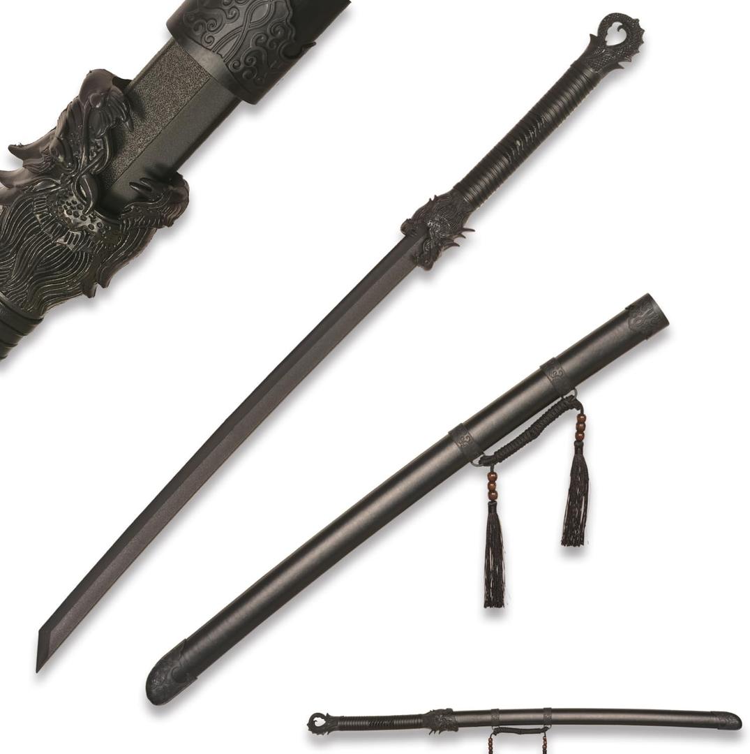 39" Plastic Martial Arts Polypropylene Training Katana Practice Sword, Black Chinese Tang Dynasty Style Dragon Pattern Decorated Sword with Scabbard and Tassel