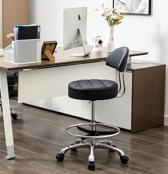 FIRAVOE Stool for Work (Adjustable Height 20-27 inch) (Quiet Wheels and Aluminum Base) Vanity Stool for Makeup Room (Black) (No Back & Footrest)