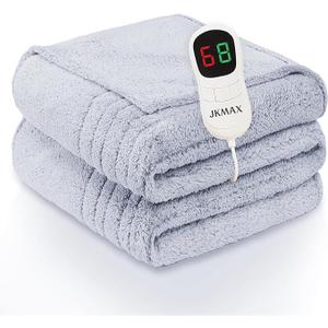 JKMAX Heated Electric Blanket Full Size - 72"x84" Heating Blanket with 10 Heating Levels & 5 Time Settings Over-Heat Protection, Winter Warmer for Adults with ETL Certification（White And Blue)