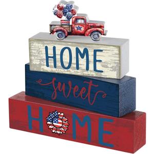 Cinnvoice 4 Pcs Patriotic 4th of July Wooden Block Decor 250th Anniversary Red Blue and White Tiered Tray Signs Home Sweet Home Tabletop Centerpiece for Kitchen Shelf Decoration Housewarming Gifts