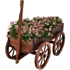 Wood Wagon Planter Box, Rustic Decorative Wooden Garden Planter Flower Pot Cart Stand Display with Wheels & Handle Indoor Outdoor Decor for Herb Vegetable Patio Backyard Balcony (1 PCS, Movable)