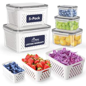 HOTEC 5-Pack Large Fruit Storage Container for Fridge Leak proof with Removable Colander, BPA Free Dishwasher & microwave safe Largest 4.15L