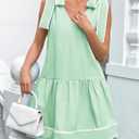 Wenrine Womens Summer V Neck Mini Dress Tie Shoulder Sleeveless Contrast Loose Casual Beach Dresses (Green)