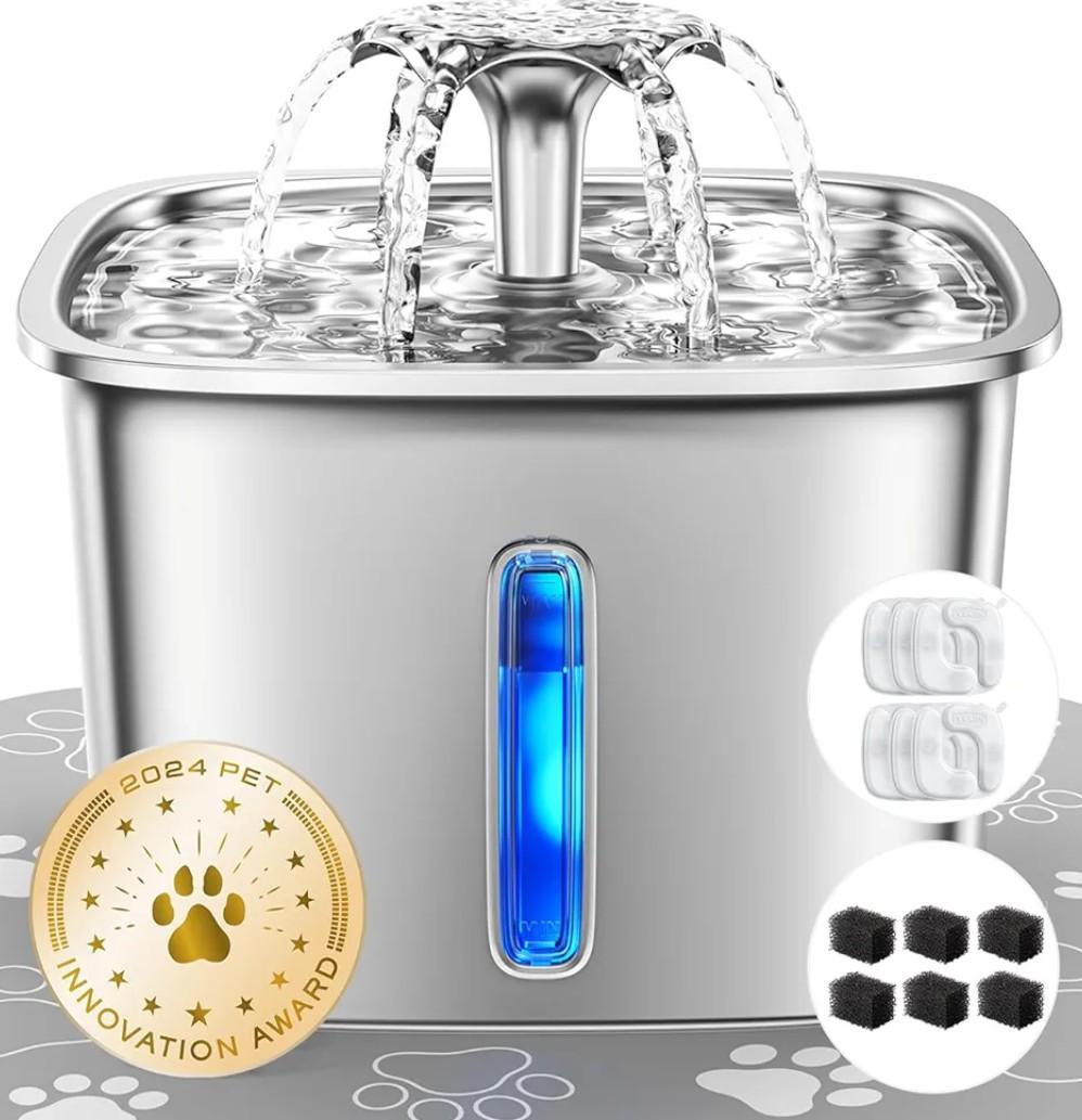 Veken Innovation Award Winner Stainless Steel Cat Water Fountain, 95oz/2.8L Automatic Pet Fountain with 6 Replacement Filters & 6 Pre-Filter Sponges & Silicone Mat for Cats, Dogs (Silver)