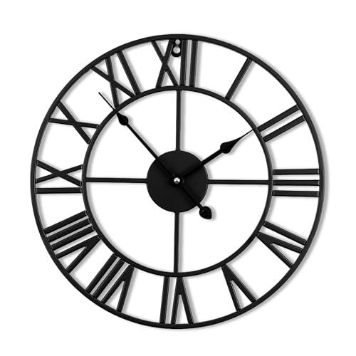 Chaney 24inch/60cm Large Wall Clocks for Living Room Decor,Vintage,Modern,Round,Silent,Non Ticking,Black Wall Clock for Home,Garden,Office,Cafe Decoration(Iron Roman Numerals, 24 inches)