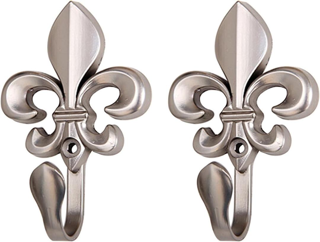 IMSFQFWL 2PCS Vintage Hardware, Wall Hooks Curtains Tie Backs Coat Hanger Gold Bronze Silver Decorative Wall Hanging Coat Hooks French Fleur De Lis (Silver)