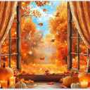 Swepuck 7x5ft Fabric Fall Window Backdrop Vintage Curtains Autumn Fallen Maple Leaves Forest Harvest Pumpkin Photography Background Thanksgiving Party Decor Photo Props