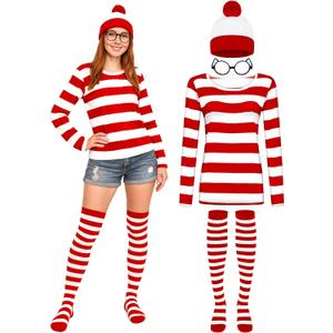 Halloween Costume Sets, Halloween Women Cosplay Red White Striped Shirt Beanie Cap Glasses Socks for Halloween Party (Red)