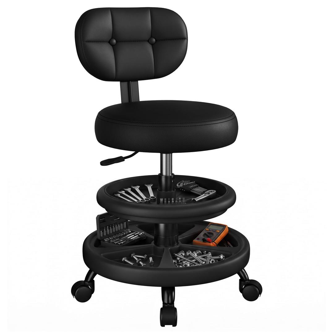 BestGlory Rolling Shop Stool with Wheels, Adjustable Height Heavy Duty Garage Stool with Double Storage Tray and Footrest, Garage Mechanic Stool Chair with Backrest for Workshop Kitchen Salon (Inky)