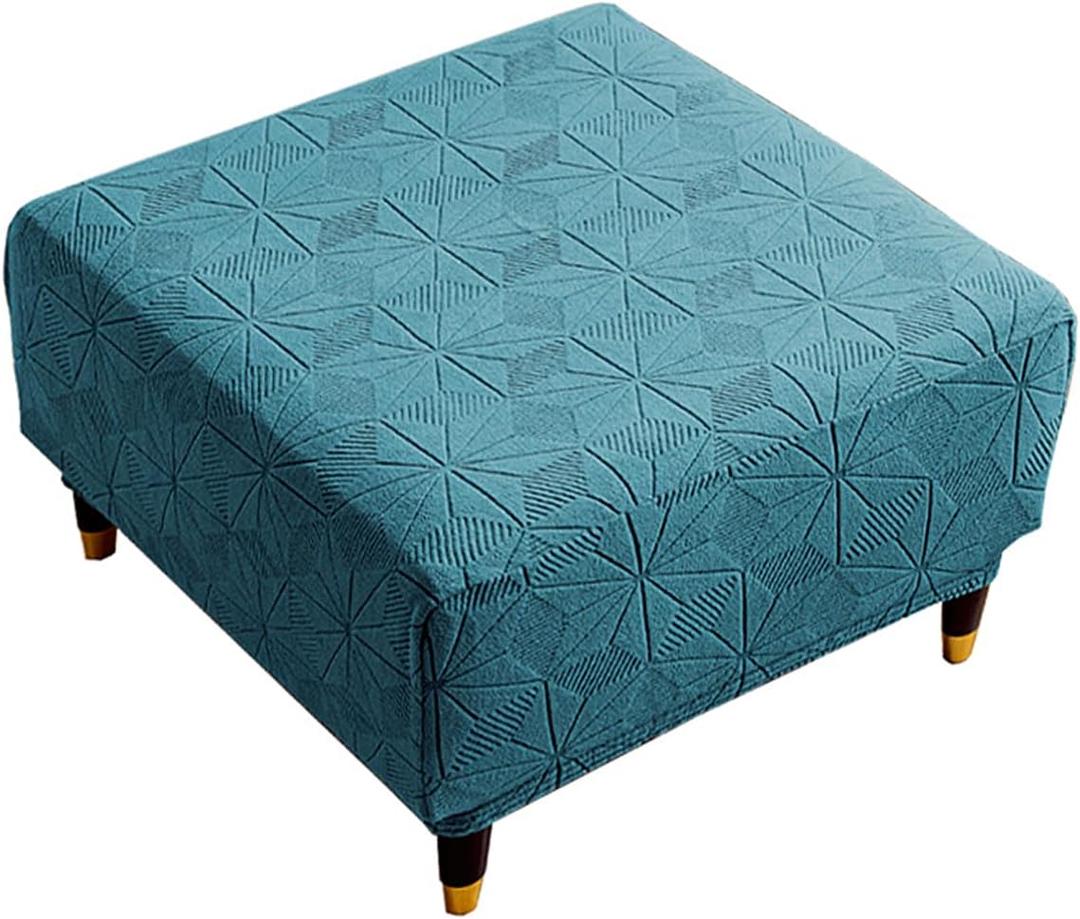 NeColorLife Square Ottoman Cover Large,Stretch Square Ottoman Covers Slipcover,Knitted Jacquard Cover for Storage Stool,Footstool Protection for Living Room, Dark Green Large