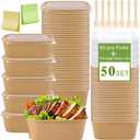 50-Pack 26oz Kraft Paper Bowls Disposable with Lids and Wooden Forks, Disposable Meal Prep Containers Paper Food Prep Containers with Lids, To Go Container for Hot Soup/Salad, Freezer & Microwave Safe
