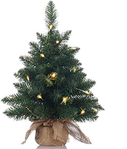Pre-Lit Artificial Mini Christmas Tree,20 inch Miniature Pine Xmas Tree with 20 LED Lights,70 Branch Tips,Desktop Christmas Tree Burlap Base-(50cm)
