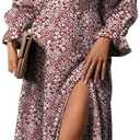 BLENCOT Womens Casual Square Neck Long Sleeve Boho Floral Midi Dress Print Side Split Dresses, M 