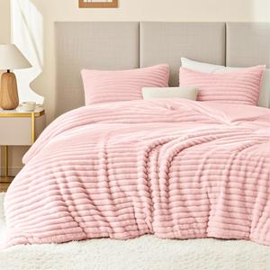 EXQ Home Fluffy Comforter Set Twin Size - Super Soft Faux Fur Stripe Jacquard Comforter 1 Pieces, Pink Fleece Bedding Set,Winter Warm Bed Set,1 Comforter with 1 Pillowcase