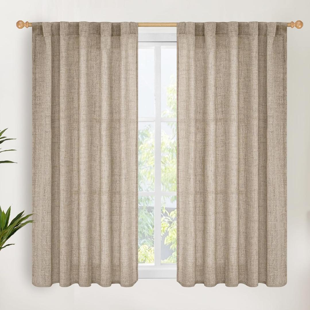 YoungsTex Oatmeal Linen Curtains 48 Inch Length, Burlap Semi Sheer Drapes Light Filtering with Rod Pocket Back Tab for Living Room Short Window, 2 Panels, 42 X 48 Inch