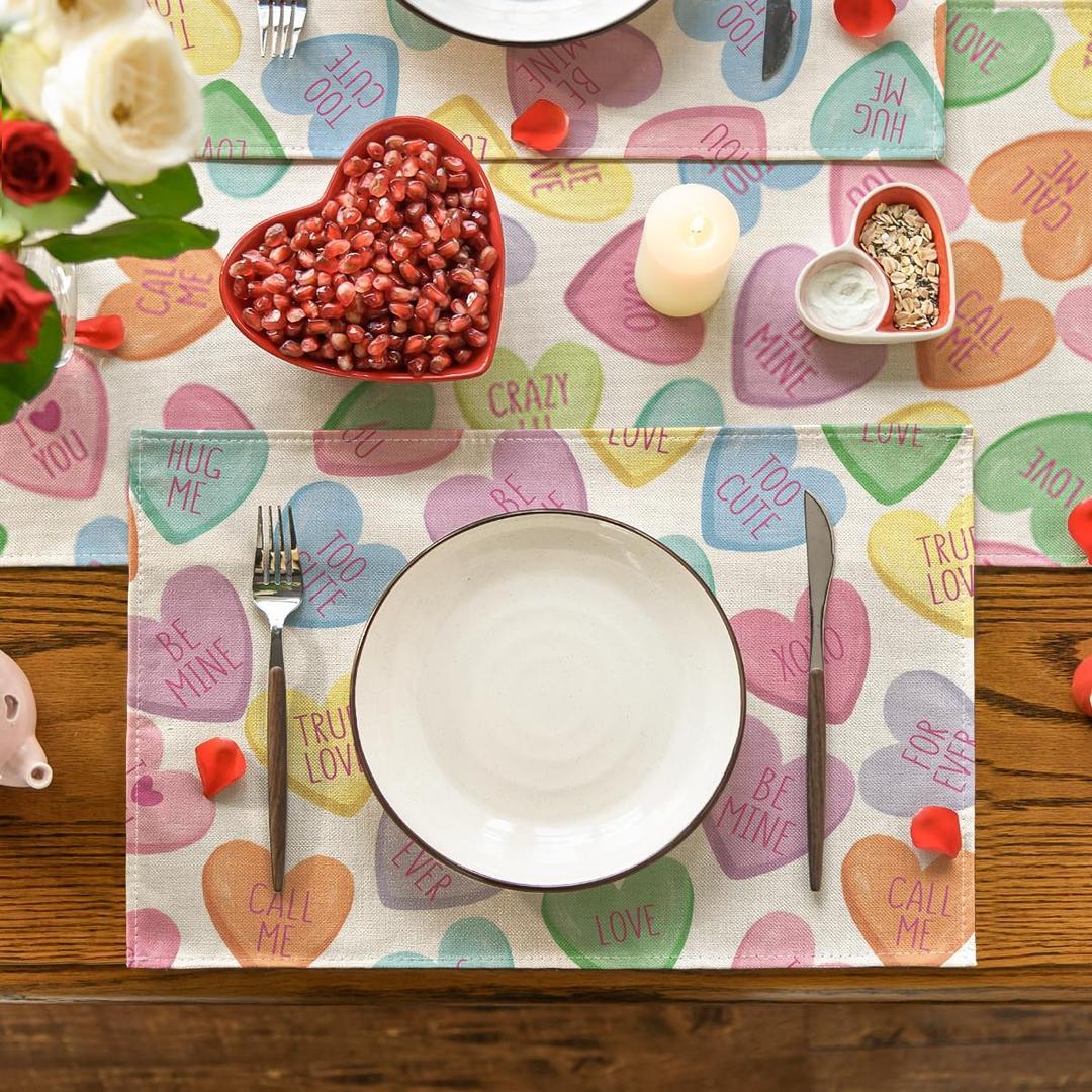 Love Heart Valentine Placemats Set of 4, 12x18 Inch Seasonal Table Mats for Party Kitchen Dining Decoration (Beige)