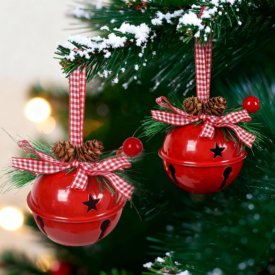 2PCS Christmas Jingle Bells Ornaments 5.5 Large Tree Decorations Red Berries Pine Cone Bow Hanging Pendant for Xmas Outdoor Garland Party Supplies