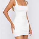 ForeFair Womens Summer Tank Mini Dress Square Neck Sleeveless Ruched Bodycon Double Lined Party Club Casual Going Out Dresses (White, S)