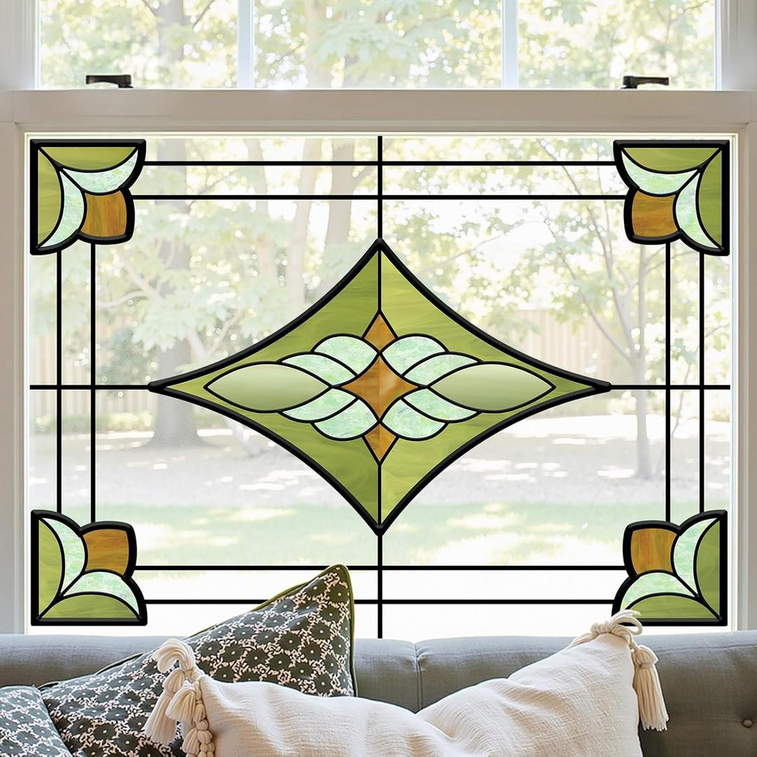 Window Stickers, Stained Glass Window Privacy Film, UV Blocking Static Cling for Home Kitchen Office Bathroom, Verdant Prism, 11.81" X 15.75"