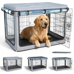 Dog Crate Cover, Heavy Duty Waterproof Abrasion-Resistant and Scratch-Resistant Knife-Scraped Fabric with Breathable Mesh & Detachable Sunshade, Dog Cage Cover Universal Fit for Wire Crates (42-Inch)