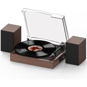 Retrolife® Record Player with 2 External Speakers, Vinyl Turntable, Walnut | 2-Speed Belt-Drive Turntable for 33/45/78 RPM Vinyl, Bluetooth Wireless Playback, Auto Stop, RCA Out