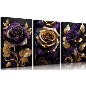 3pcs Purple Gold Rose Canvas Wall Art Abstract Rose Floral Pictures Wall Decor Elegant Blossom Gold And Purple Posters Prints Paintings for Living Bedroom Bathroom Decoration Ready To Hang (24L" x 16W"-Canvas)