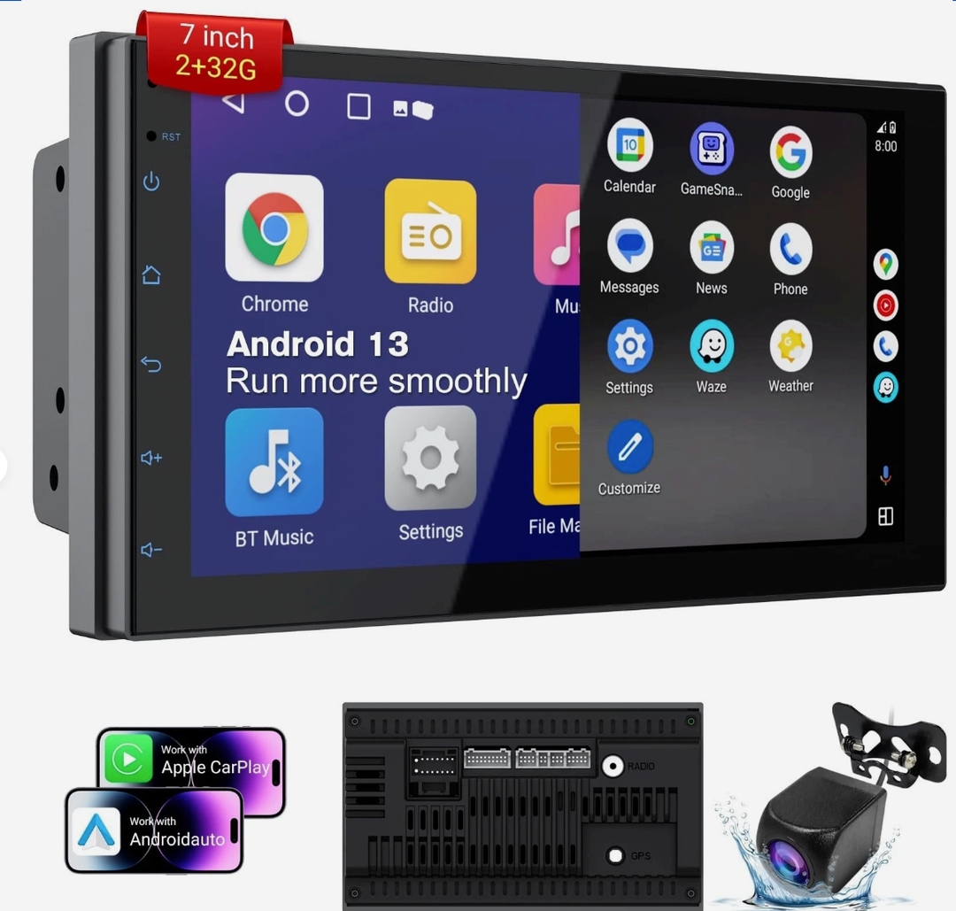 Double Din Car Stereo with 7 Inch HD Touchscreen, Wireless CarPlay & Android