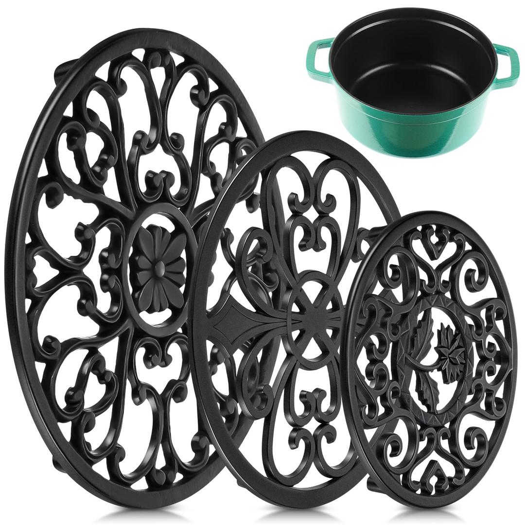 LEIFIDE 3 Pcs Cast Iron Trivet with Pegs Round Metal Trivet with Vintage Pattern 11.4'', 8'', 5.2'' Rustproof Heat Resistant Hot Pot Plate Stand Holder Mat Pad for Kitchen Dining Countertop, Black