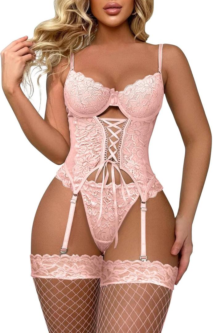 Lilosy Sexy Lace Push Up Corset Garter 3 Piece Lingerie Set (Pink, M)