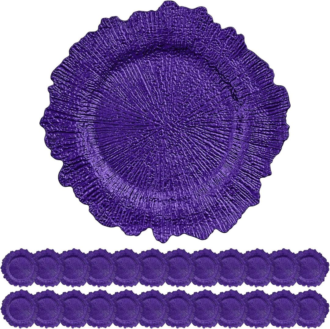 24 Pack Purple Charger Plates Bulk, 13" Plastic Reef Chargers for Dinner Plates, Round Charger Plate with Floral Reef Design for Dinner Wedding Party Table Setting Decoration