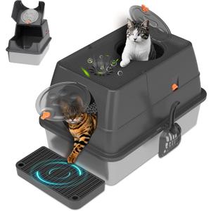 Stainless Steel Litter Box with Lid, XL Extra Large Cat Litter Box Enclosure, Front & Top Entry Covered Metal Cat Box with Steps & Scoop, Easy Cleaning (Dark Grey)