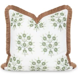 Hofdeco Premium Coastal Patio Indoor Outdoor Throw Pillow Cover Only, 20"x20" Water Repellent for Backyard, Couch, Green Embroidered Floral with Fringe
