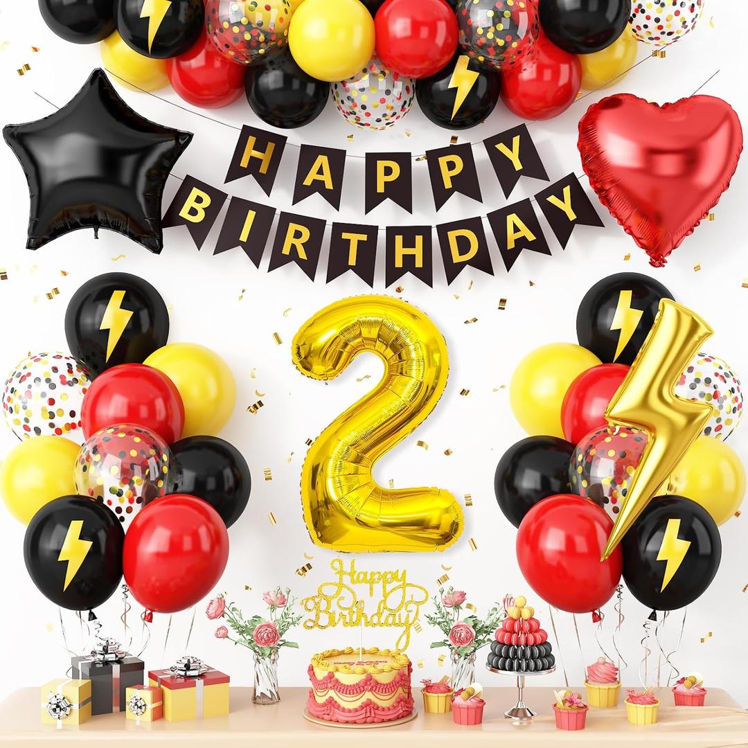2nd Birthday Decorations for Boys,Red Black Yellow Birthday Party Number 2 Balloon with Star Heart Foil Balloons Banner Cake Topper for Baby 2 Year Old Party Decor