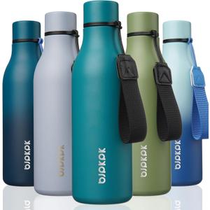 BJPKPK Insulated Water Bottles, 18 oz Stainless Steel Metal Water Bottle with Strap, BPA Free Leak Proof Jugs, Mugs, Flasks, Reusable Thermal Flasks for Sports & Travel, Lake Blue